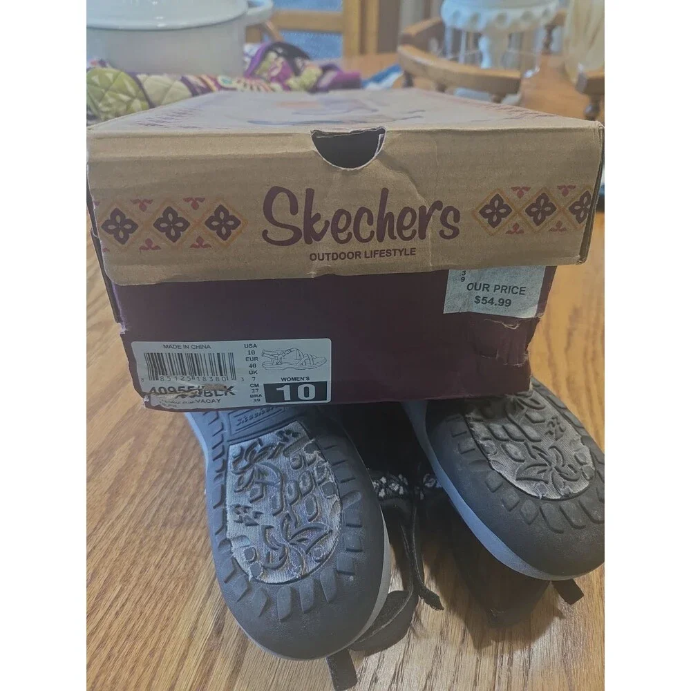WOMENS BLACK SKECHERS MEMORY FOAM STRAPPY SANDALS WITH BOX SZ 10
